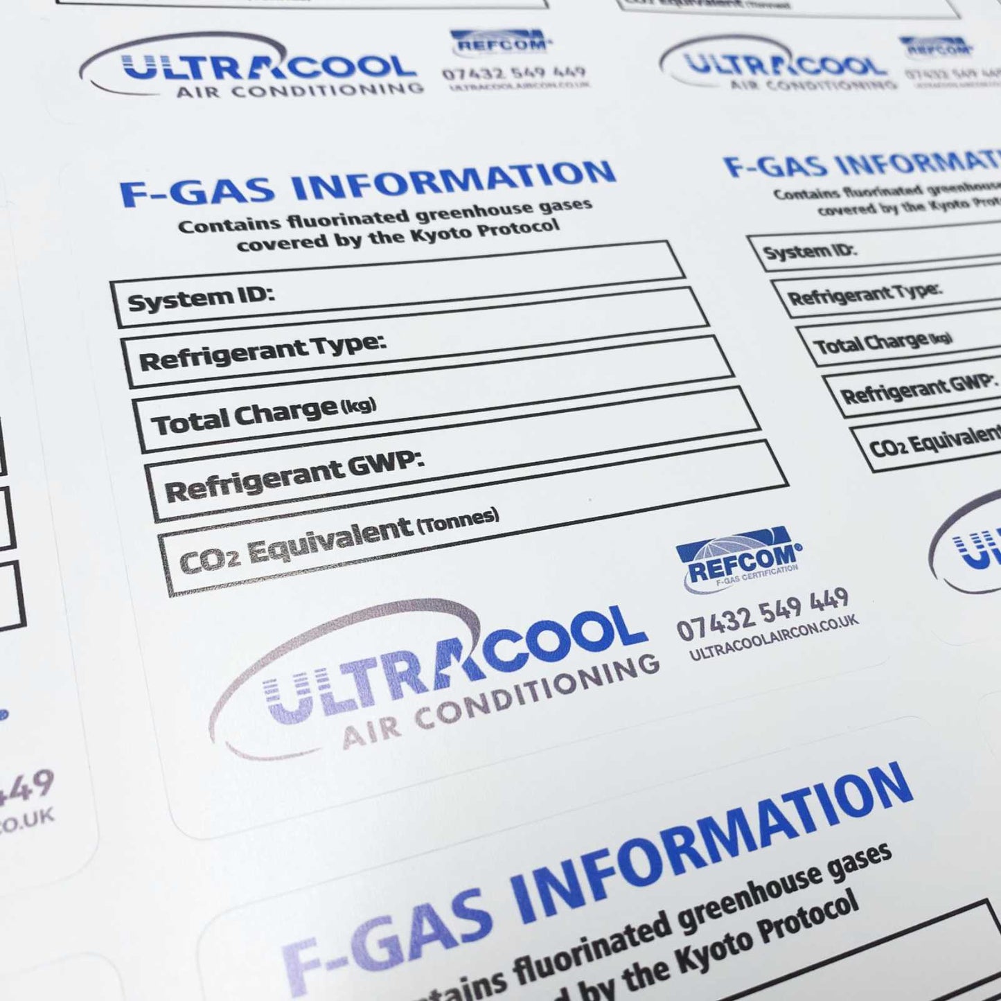 F-Gas inspection labels printed on writable matt vinyl for recording service dates and compliance details on refrigeration systems