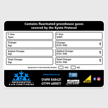 F-Gas Record Labels 110x90mm – detailed service record stickers for refrigeration and air conditioning compliance