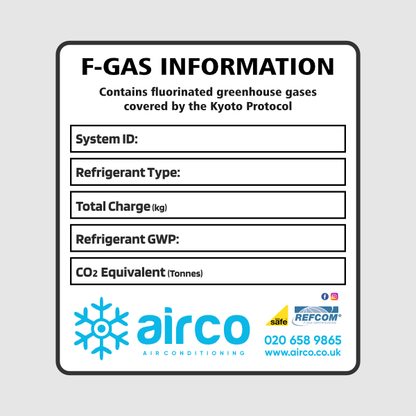 F-Gas Information label with air-con branding on a gray background