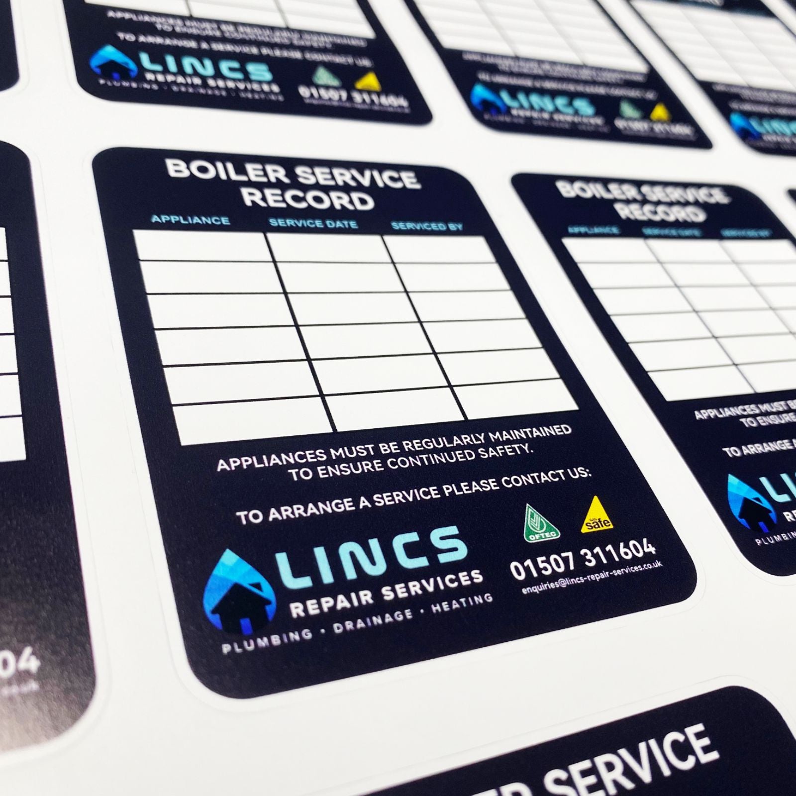 Gas Safe boiler service record labels printed on durable waterproof vinyl for use on domestic and commercial boilers