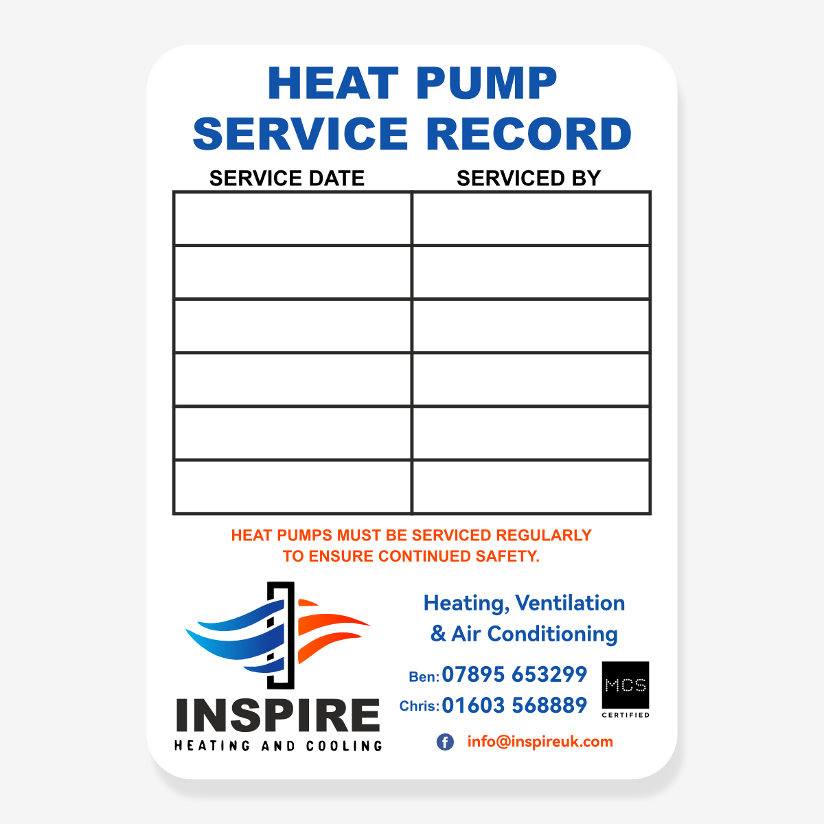 Heat Pump Maintenance Service Labels 90x65mm – durable reminder stickers for renewable installers and heating engineers