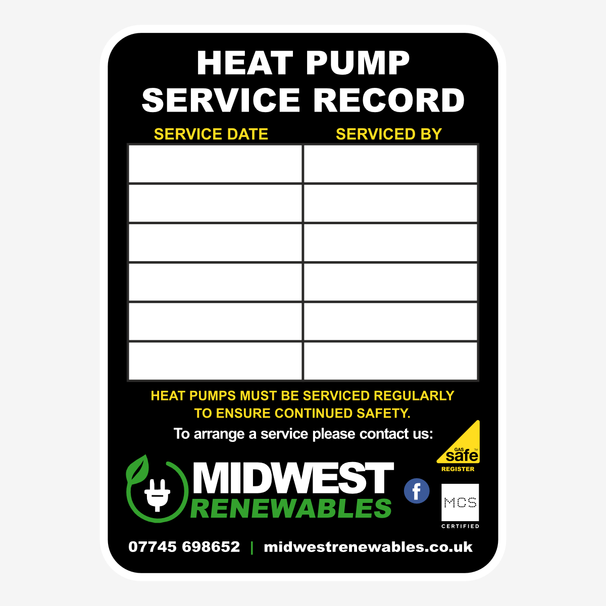 Heat Pump Service Labels 90x65mm – maintenance reminder stickers for heating engineers and renewable energy installers