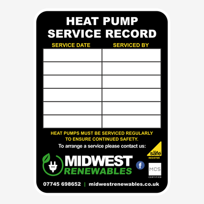 Heat Pump Service Labels 90x65mm – maintenance reminder stickers for heating engineers and renewable energy installers