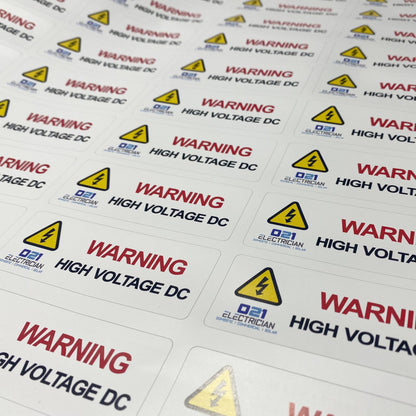 High voltage DC safety labels sized 90x32mm for solar PV inverters, isolators and electrical enclosures