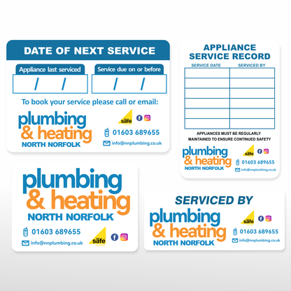 Bundle of assorted plumbing service record and boiler stickers