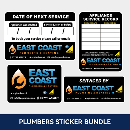 Mixed set of plumber service stickers for boilers and heating systems UK