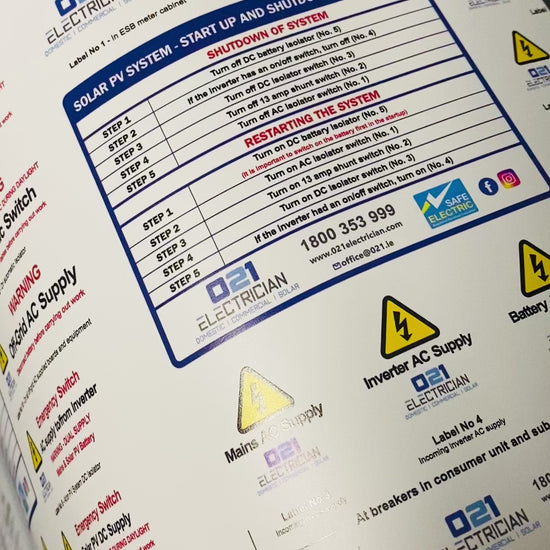 Video showing Solar PV system start-up and shutdown procedure labels produced to ISO 7010 standard, printed on durable vinyl for clear, compliant instructions on solar installations.