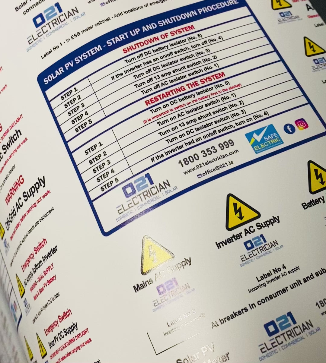 Video showing Solar PV system start-up and shutdown procedure labels produced to ISO 7010 standard, printed on durable vinyl for clear, compliant instructions on solar installations.
