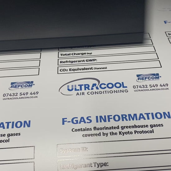 F-Gas inspection labels showing writable service record stickers for refrigeration and air conditioning compliance