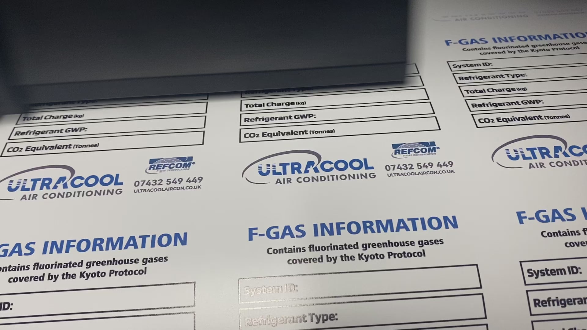 F-Gas inspection labels showing writable service record stickers for refrigeration and air conditioning compliance