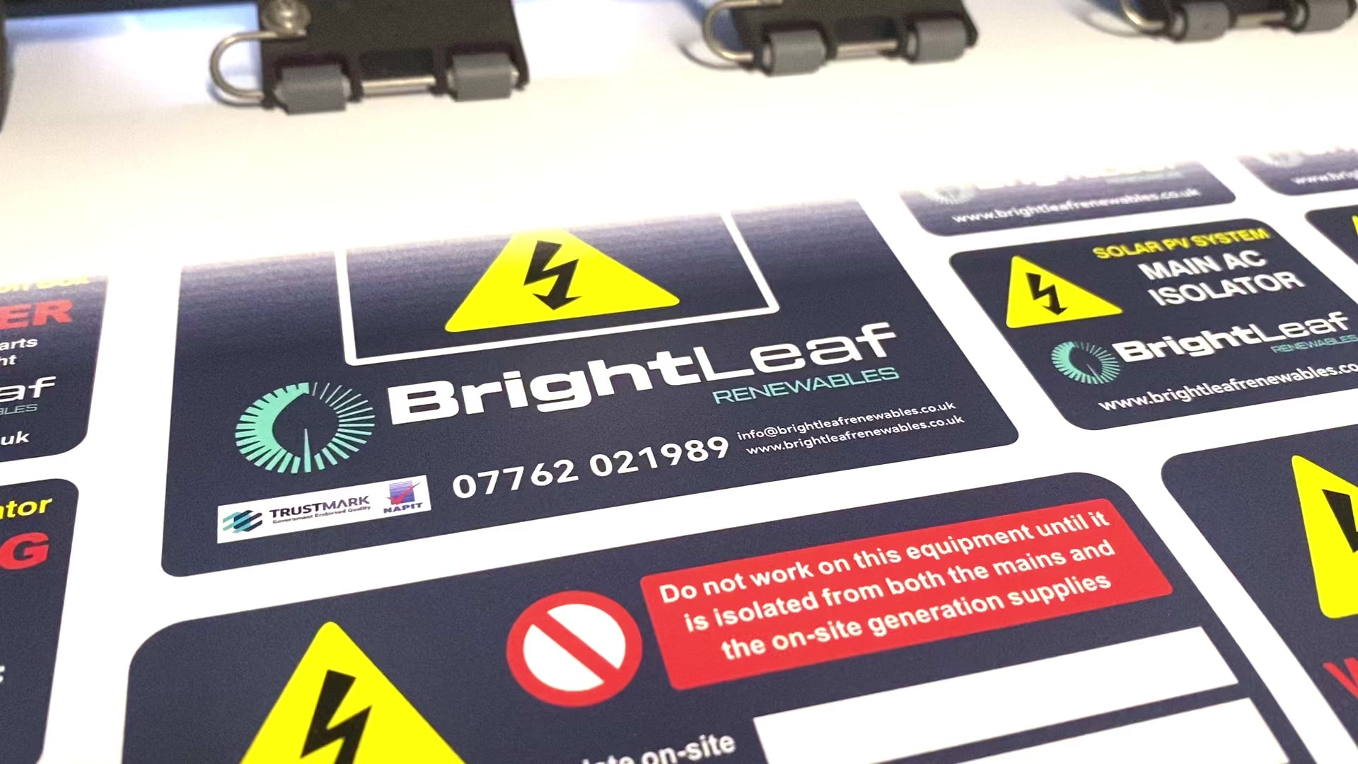 Custom printed Solar PV electrical labels showing safety and compliance stickers with business details for solar installations