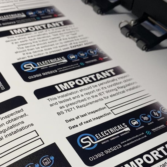 Short video of Electrician periodic inspection sticker pack showing RCD, inspection due and business details safety labels