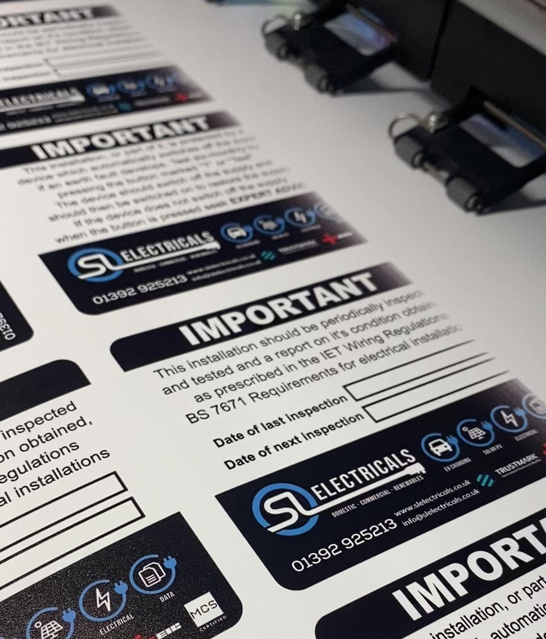 Short video of Electrician periodic inspection sticker pack showing RCD, inspection due and business details safety labels