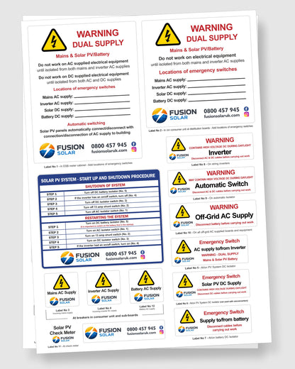 Solar PV start-up and shutdown procedure labels sheet with inverter, battery and emergency switch safety signage
