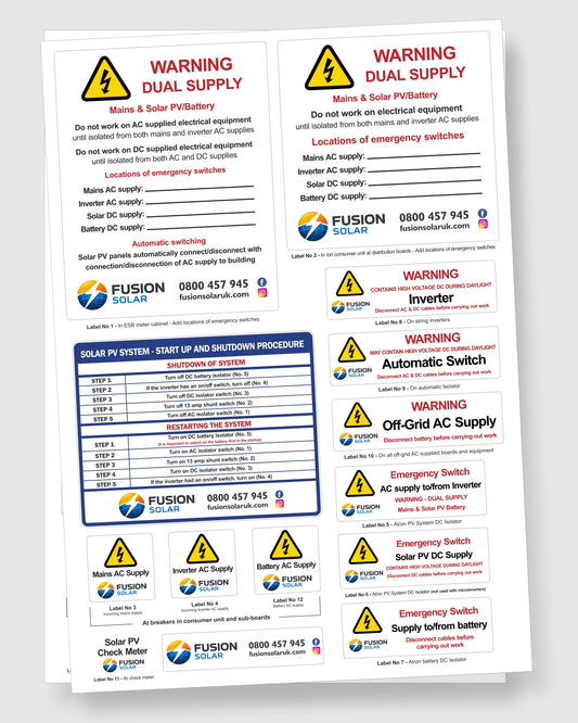 Solar PV start-up and shutdown procedure labels sheet with inverter, battery and emergency switch safety signage