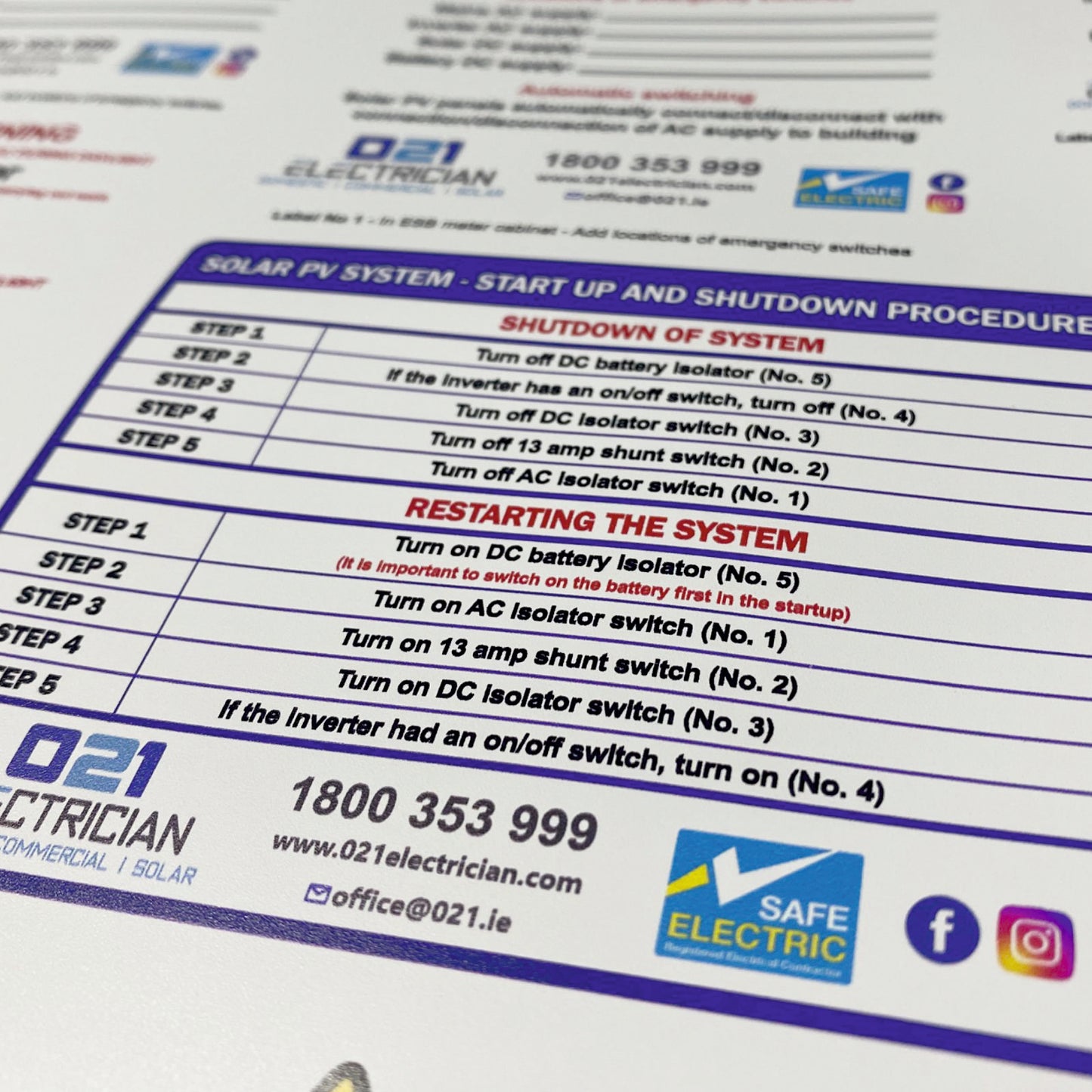 Solar PV start-up and shutdown procedure safety labels for electrical cabinets, inverters and renewable energy installations