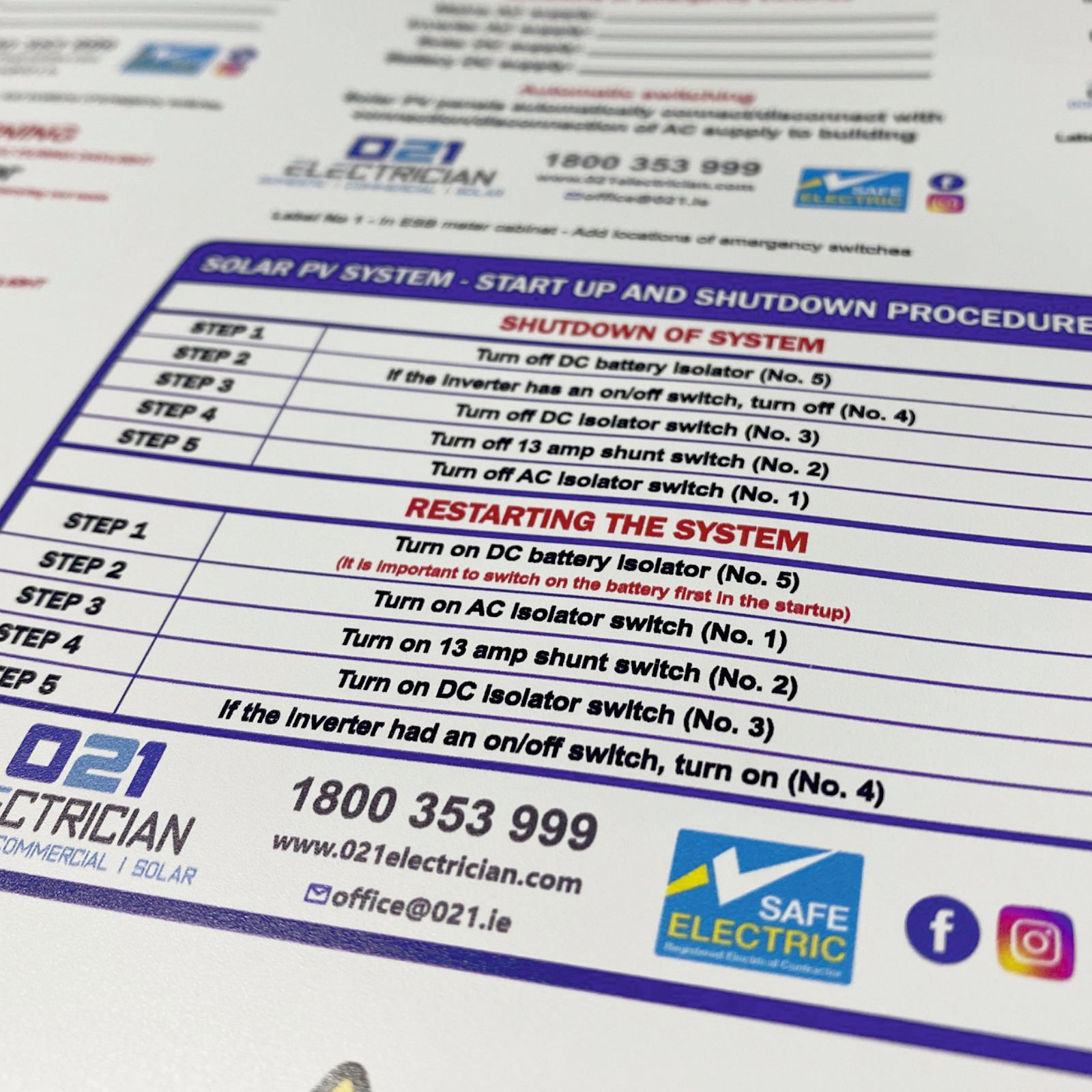 Solar PV start-up and shutdown procedure safety labels for electrical cabinets, inverters and renewable energy installations