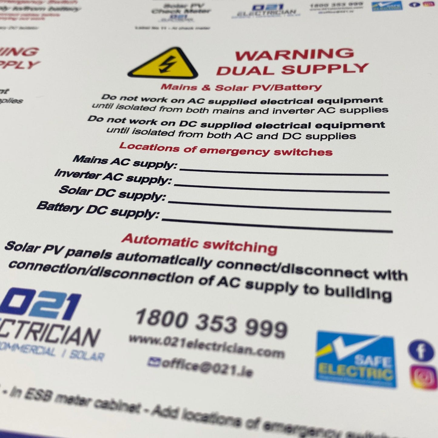 Solar PV system start-up and shutdown procedure stickers sheet showing safety and isolation instructions for inverter and battery systems