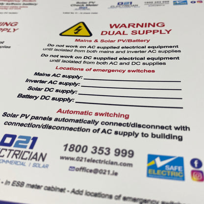 Solar PV system start-up and shutdown procedure stickers sheet showing safety and isolation instructions for inverter and battery systems