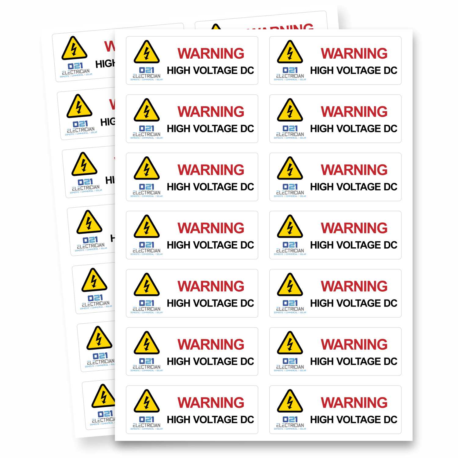 Warning High Voltage DC labels sheet showing 12 custom branded safety stickers for solar PV and electrical installations