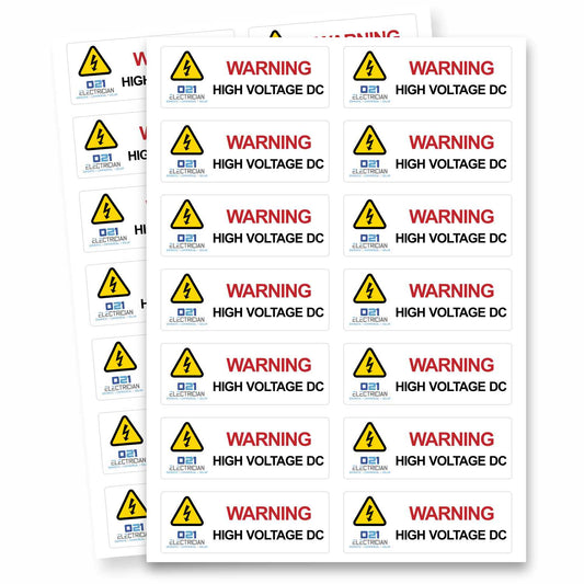Warning High Voltage DC labels sheet showing 12 custom branded safety stickers for solar PV and electrical installations