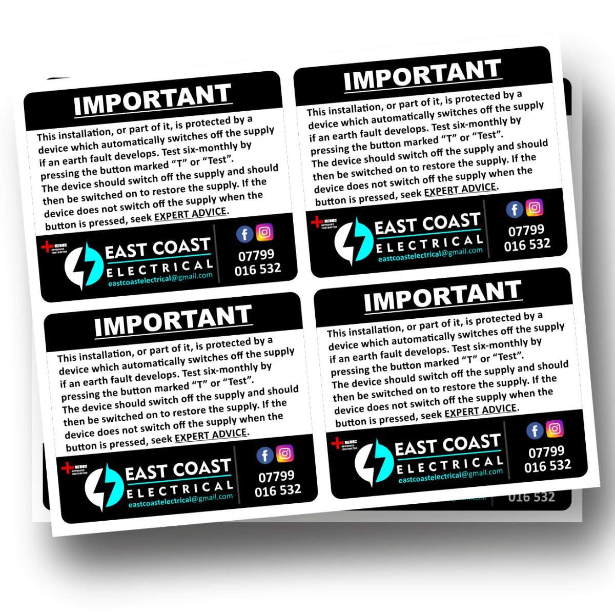 Electricians RCD Test Labels