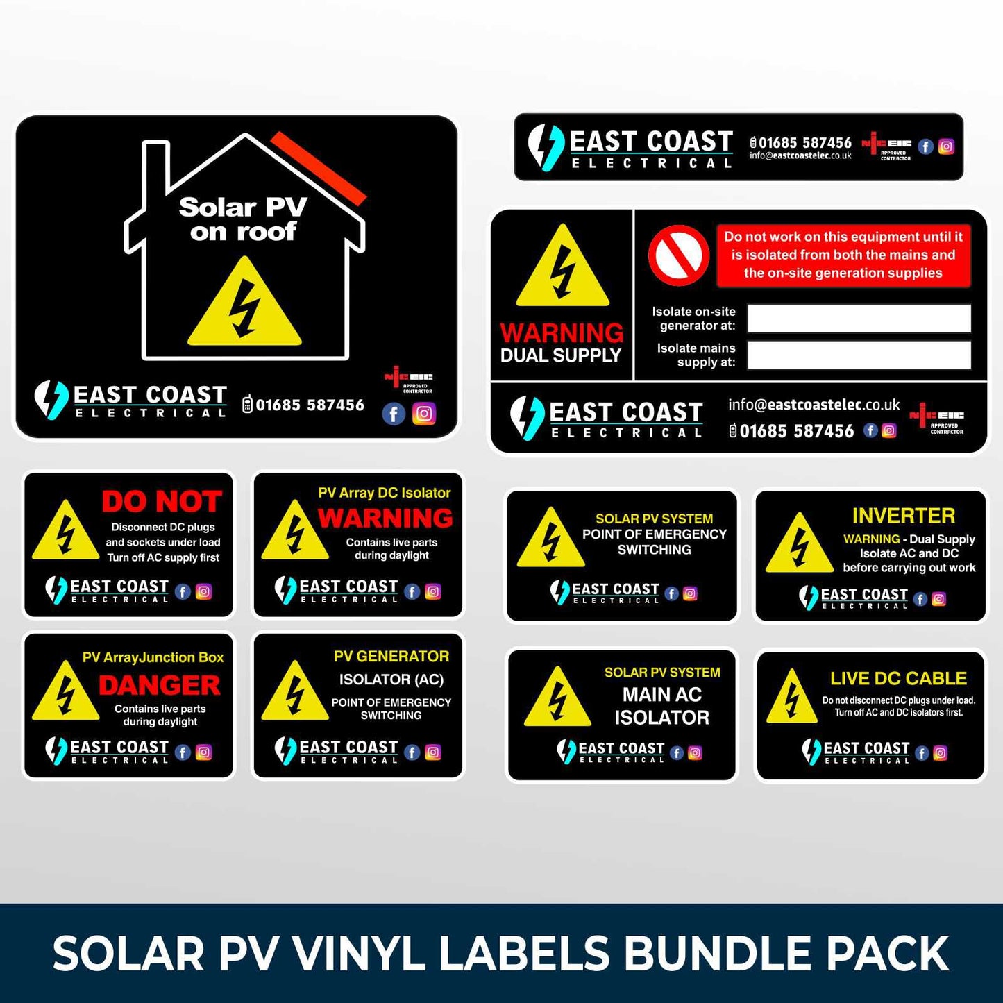 Solar PV Electrician Stickers Bundle, Custom Printed Renewables